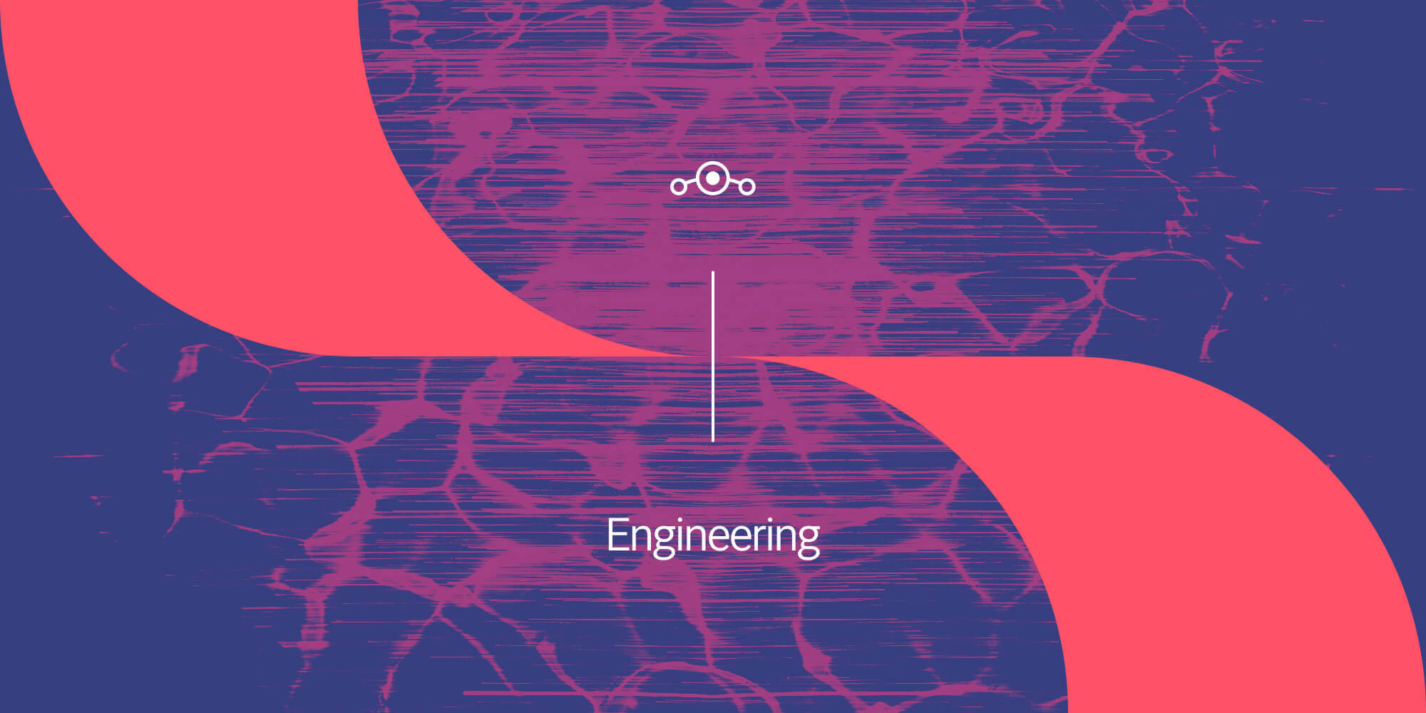 Fuchsia lines and waves interweave on a purple background as they spill out from the middle. Large red shapes, the Lineage logo, and the word Engineering sit on top.